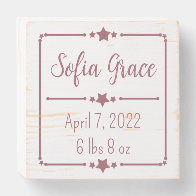 Pink Star Frame Birth Stats  Wooden Box Sign (Front Horizontal)