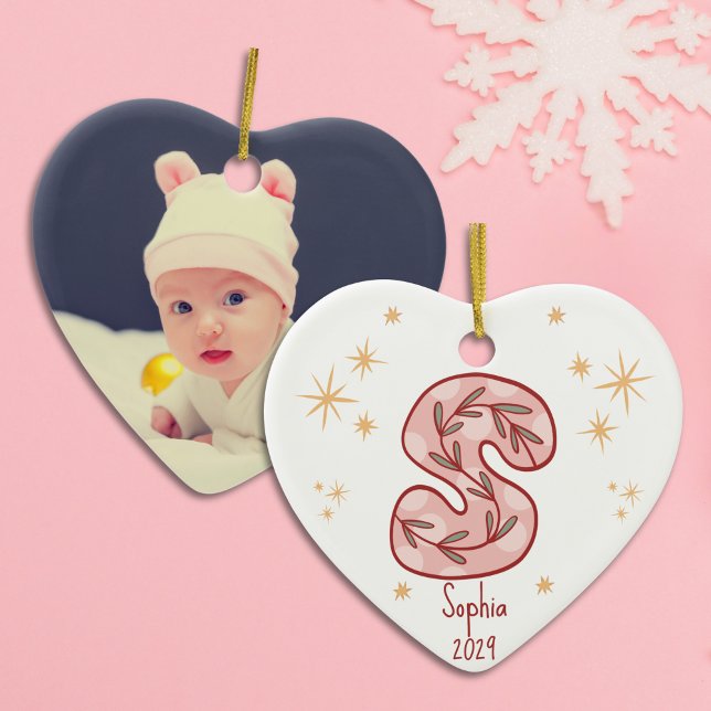 Pink Star Golden Accents Pattern Ceramic Ornament (Baby Girl’s First Christmas with Initial S Ceramic Ornament)
