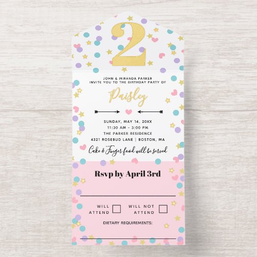 Pink Star Heart Dot Confetti Toddler Kid Birthday All In One Invitation
