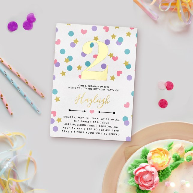 Pink Star Heart Dot Confetti Toddler Kid Birthday Foil Invitation (Creator Uploaded)