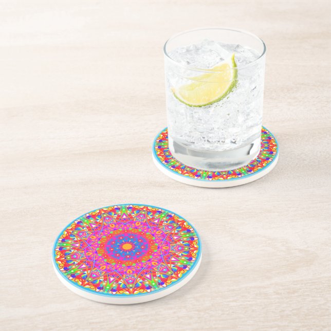 Pink Star Mandala Colorful Sandstone Coaster (Side)