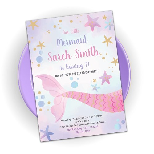 Pink Star Mermaid Tail Birthday Invitations