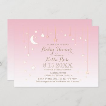 Pink Star Moon Baby Girl Baby Shower Invitation by FancyMeWedding at Zazzle