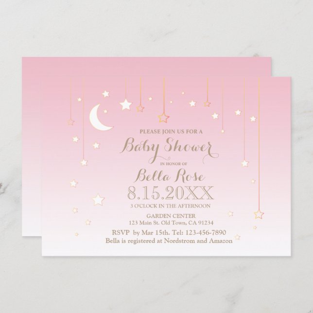 Pink star moon baby girl baby shower invitation (Front/Back)