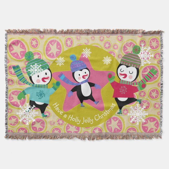 Pink Star Orbs Skating Penguins Holiday Throw Blanket (Front)