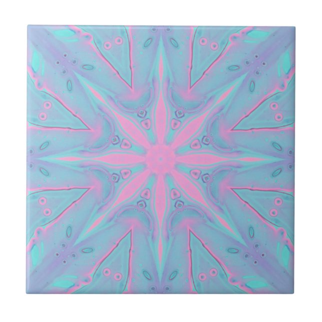 Pink Star Pattern On Blue Background Ceramic Tile (Front)