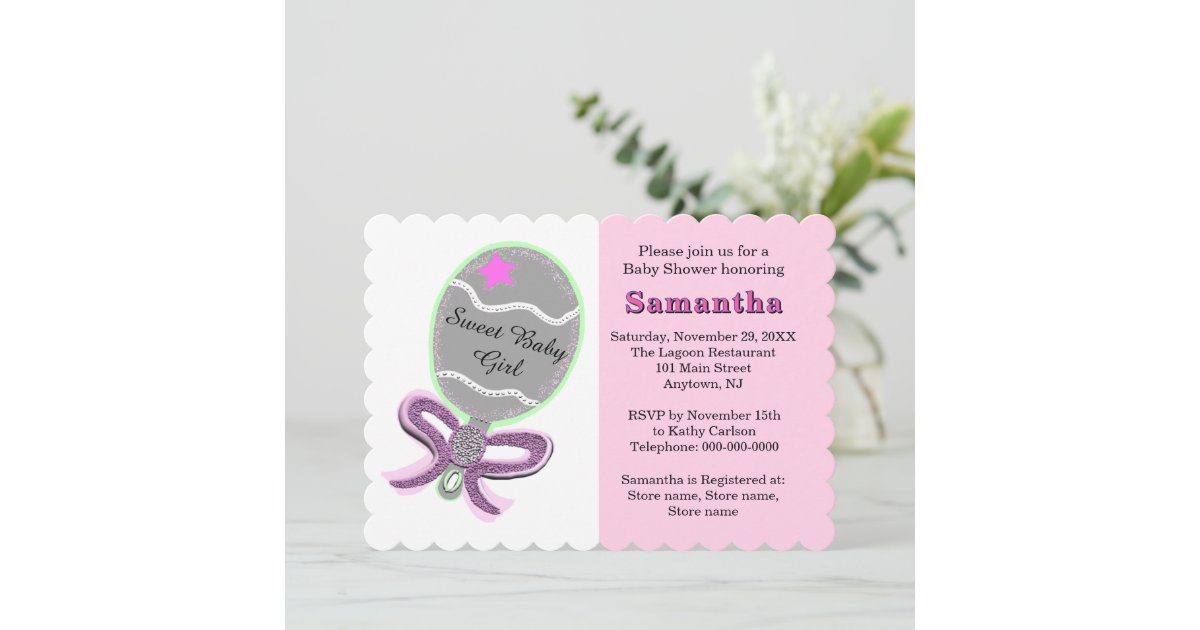 Silver Rattle Invitation Pink Star Silver Rattle Baby Shower Invitation | Zazzle