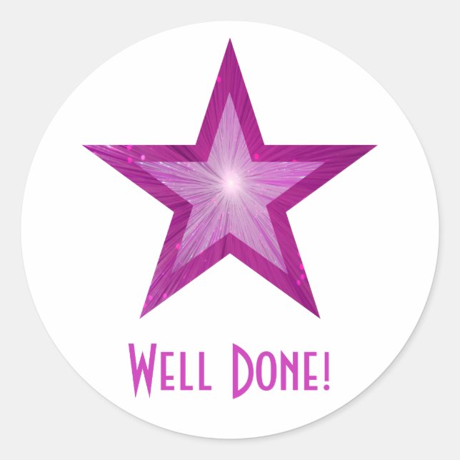 Pink Star 'Well Done!' round sticker white (Front)