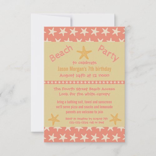 Pink Starfish Beach _ 3x5Birthday Party Invitation