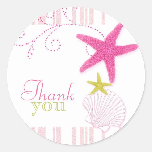 Pink Starfish Beach Wedding Thank You Classic Round Sticker (Front)
