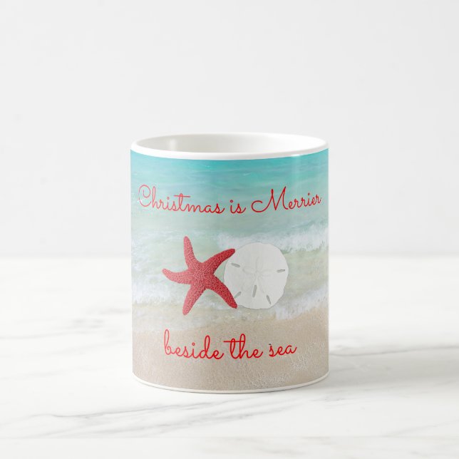 Pink Starfish Christmas Beach Saying Coffee Mug (Center)