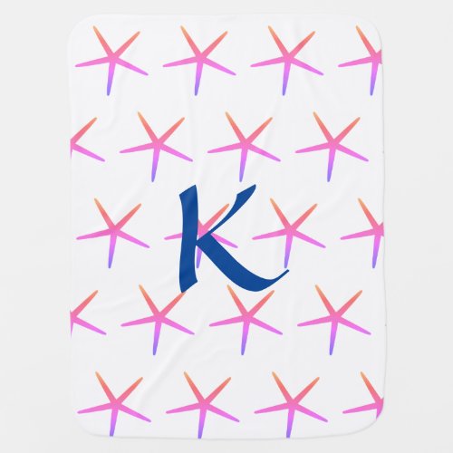 Pink Starfish Cute Monogram Initial Girls Nautical Baby Blanket