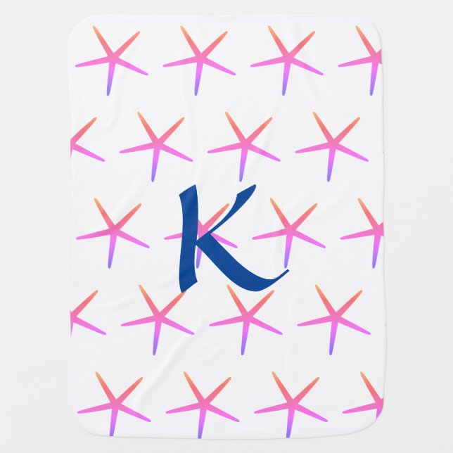 Pink Starfish Cute Monogram Initial Girls Nautical Baby Blanket (Front)