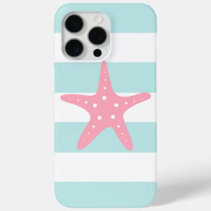 Pink Starfish on Mint Stripes iPhone 15 Pro Max Case