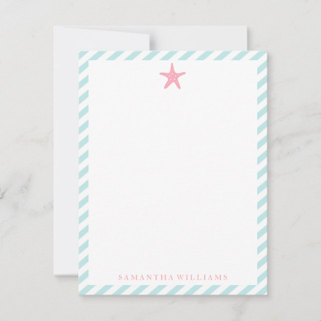 Pink Starfish on Mint Stripes Thank You Notes (Front)
