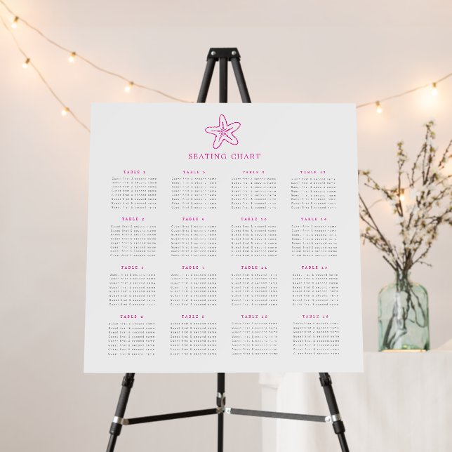 Pink starfish star wedding 16 table seating chart foam board (In Situ (Stand))