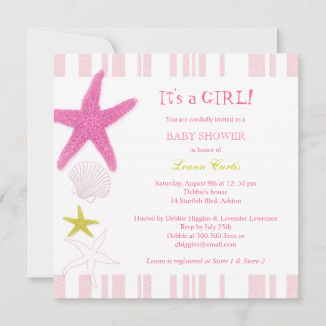 Pink Starfish, Stripes Nautical Baby Shower Invitation (Front)
