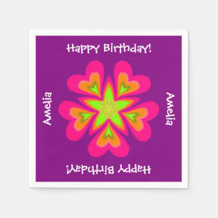 Pink StarFlower Happy Birthday Monogram Party Napkins