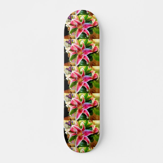 pink stargazer lilies skateboard deck (Front)