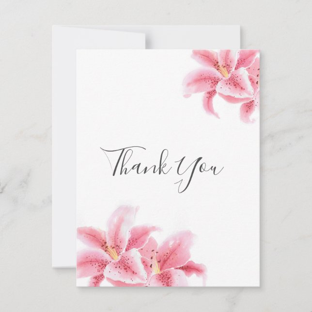 Pink Stargazer Lilies Watercolor Thank You Card (Front)