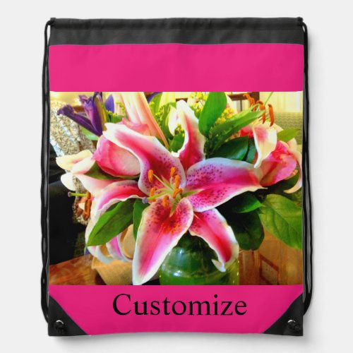 pink stargazer lily  drawstring bag