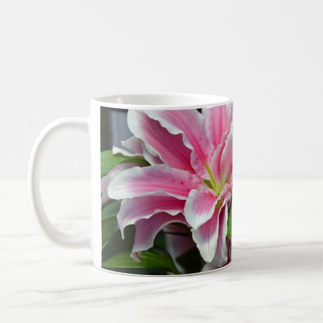 Pink stargazer lily floral coffee mug (Left)