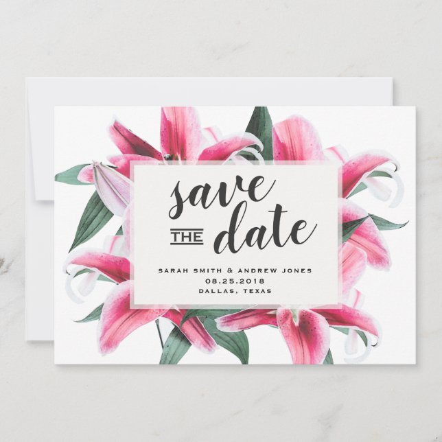 Pink Stargazer Lily Floral Save the Date Card (Front)