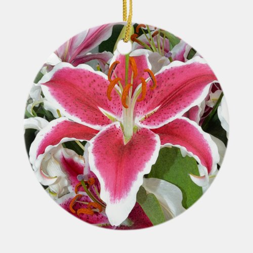 Pink stargazer lily flowers ceramic ornament