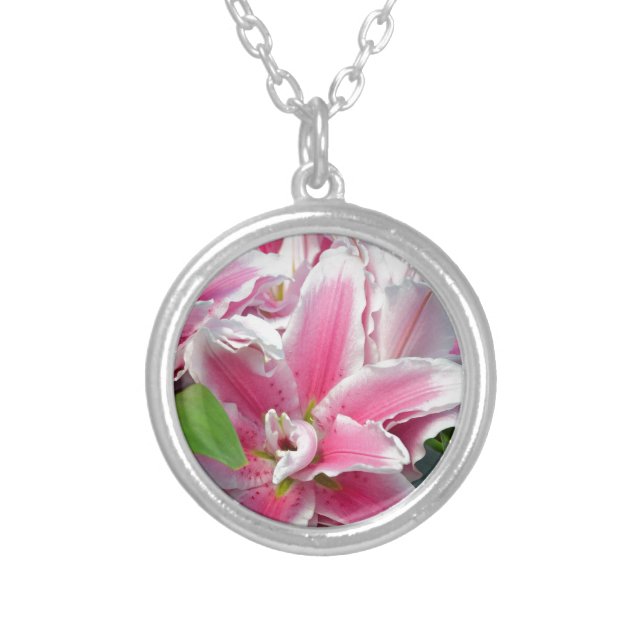 Pink stargazer lily flowers in spring silver plated necklace (Front)