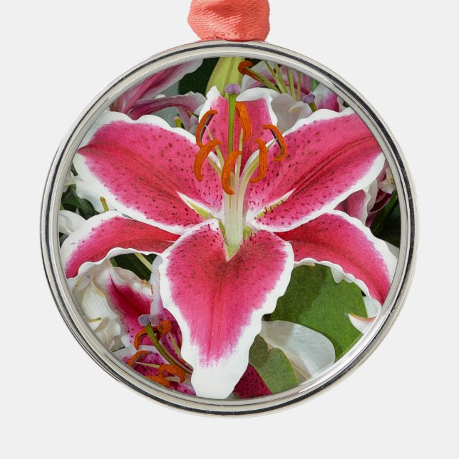Pink stargazer lily flowers metal ornament (Front)