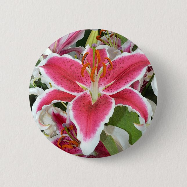 Pink stargazer lily flowers pinback button (Front)