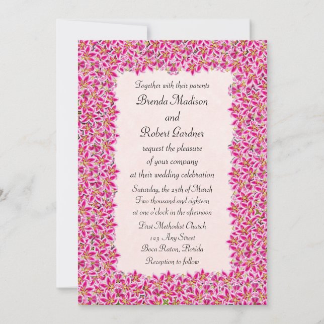 Pink Stargazer Lily Garden Wedding Invitation (Front)