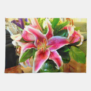 pink stargazer lily kitchen towel