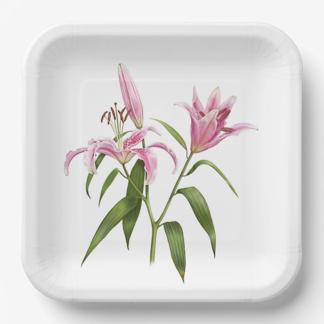 Pink Stargazer Oriental Lily Botanical Art  Paper Plates (Front)