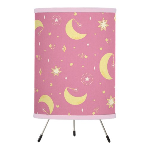 Pink starry sky with golden Moon Tripod Lamp