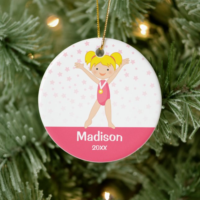 Pink Stars Blonde Girl Gymnastics Personalized Ceramic Ornament (Tree)