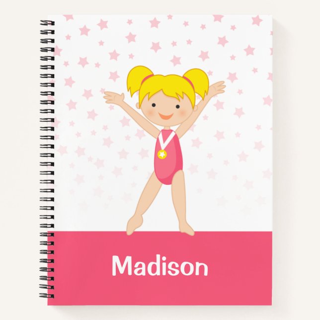 Pink Stars Blonde Girl Gymnastics Personalized Notebook (Front)