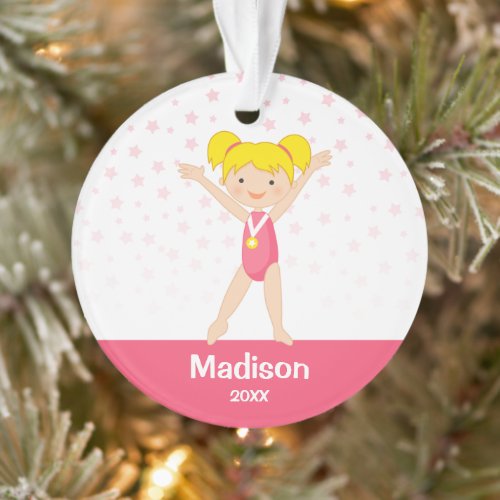 Pink Stars Blonde Girl Gymnastics Personalized Ornament
