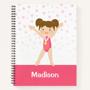 Pink Stars Brunette Girl Gymnastics Personalized Notebook