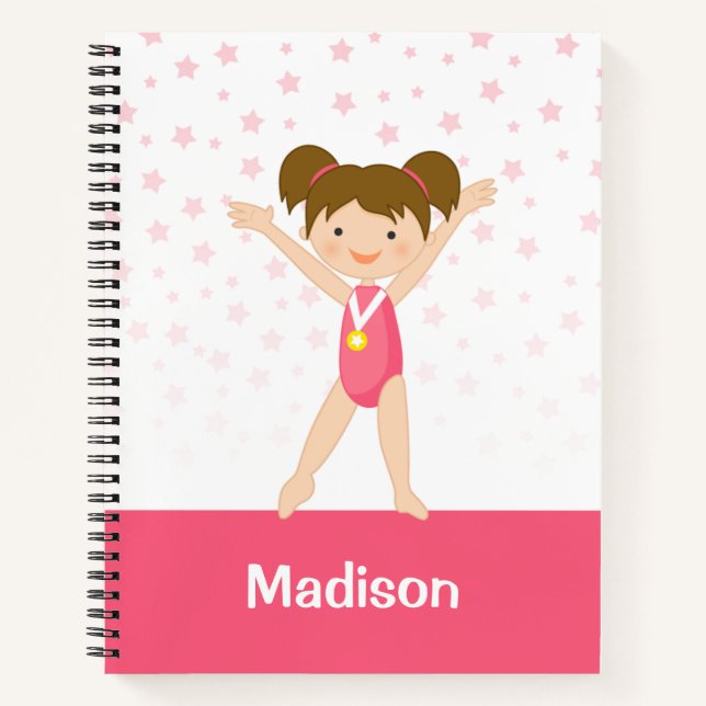 Pink Stars Brunette Girl Gymnastics Personalized Notebook (Front)