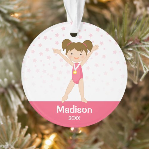 Pink Stars Brunette Girl Gymnastics Personalized Ornament