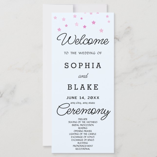 Pink Stars Celestial Light Blue Wedding Program (Front)
