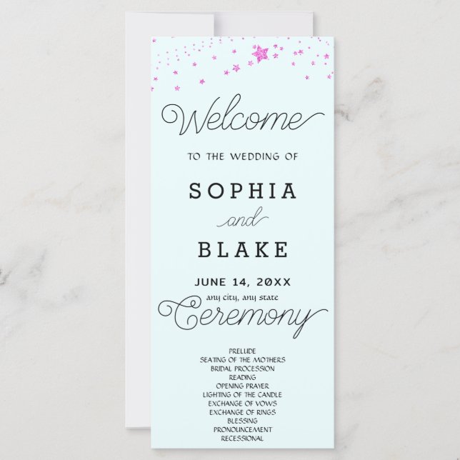 Pink Stars Celestial Light Blue Wedding Program (Front)