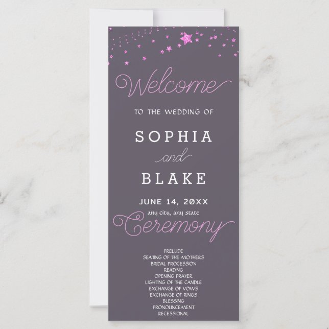 Pink Stars Celestial Smoke Gray Wedding Program (Front)