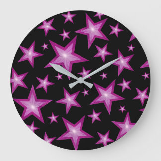 Pink Stars clock round black