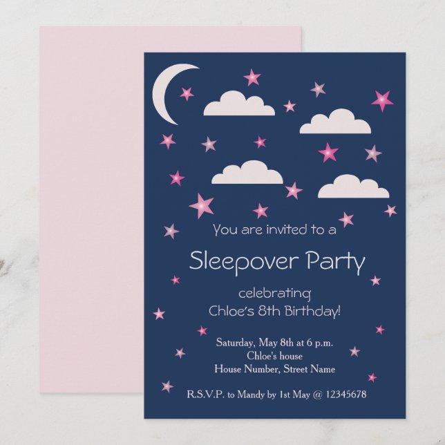 Pink Stars Clouds Blue Birthday Sleepover Party Invitation (Front/Back)