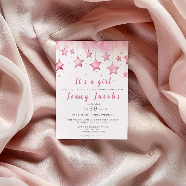 Pink stars dreamy baby shower invitation (Pink star baby shower invitation with watercolor stars and elegant script for a girl.)