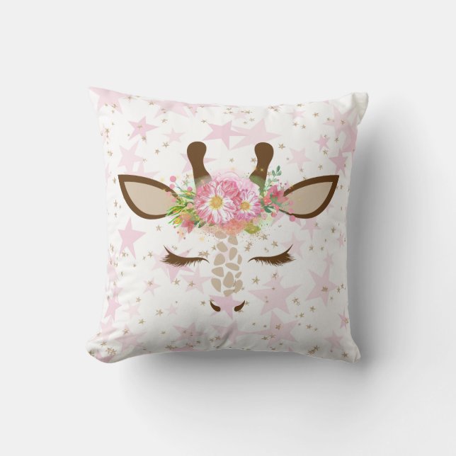 Pink Stars Floral Giraffe Throw Pillow (Front)