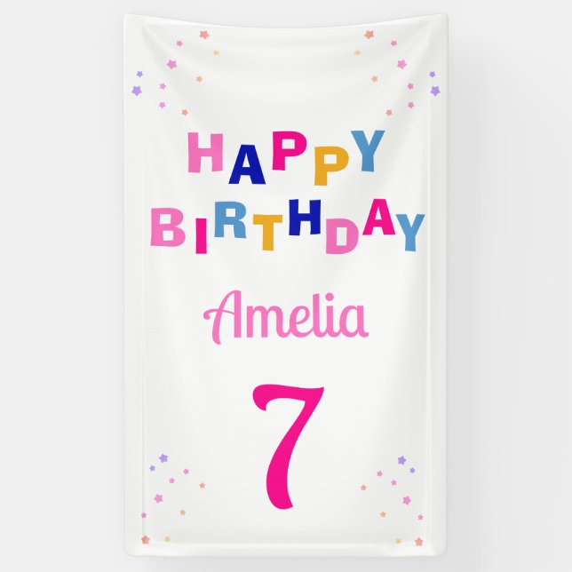 Pink Stars Girl Happy Birthday Banner (Vertical)