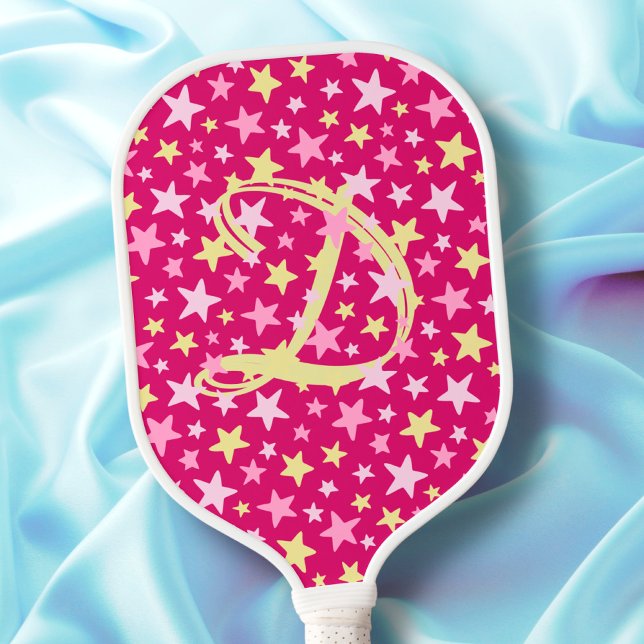 Pink Stars Girly Monogram Initial Modern Elegant Pickleball Paddle (Creator Uploaded)